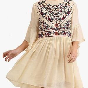 Umgee Cream Boho Bliss Embroidered Dress Sz LARGE Hippie Fairy Peasant Babydoll